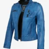 Women's Blue Waxed Lambskin Leather Biker Style Jacket
