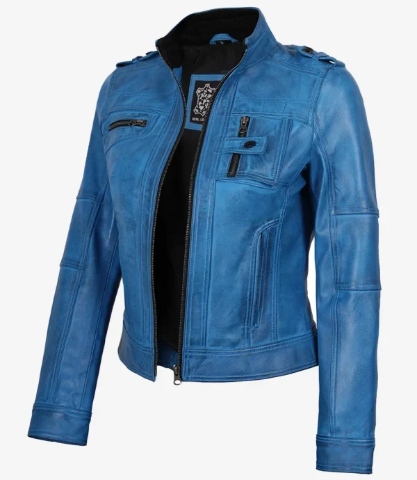 Women's Blue Waxed Lambskin Leather Biker Style Jacket