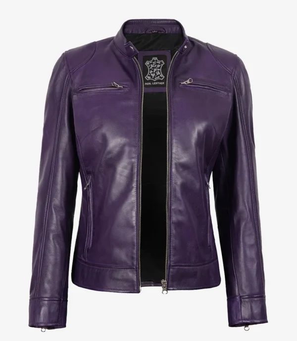 Dodge Womens Real Lambskin Leather Purple Biker Style Jacket