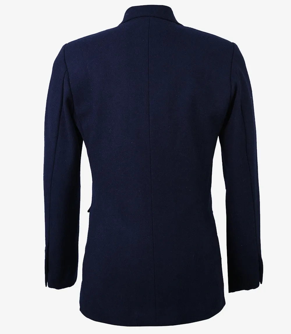 Women's Notch Lapel Navy Blue Wool Blazer - Single Button Closure Women's Notch Lapel Navy Blue Wool Blazer - Single Button Closure