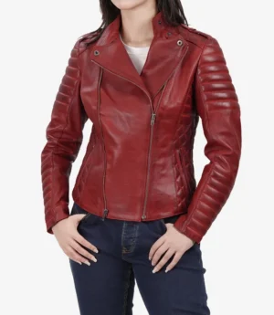 Women's Red Asymmetrical Padded Leather Biker Style Jacket