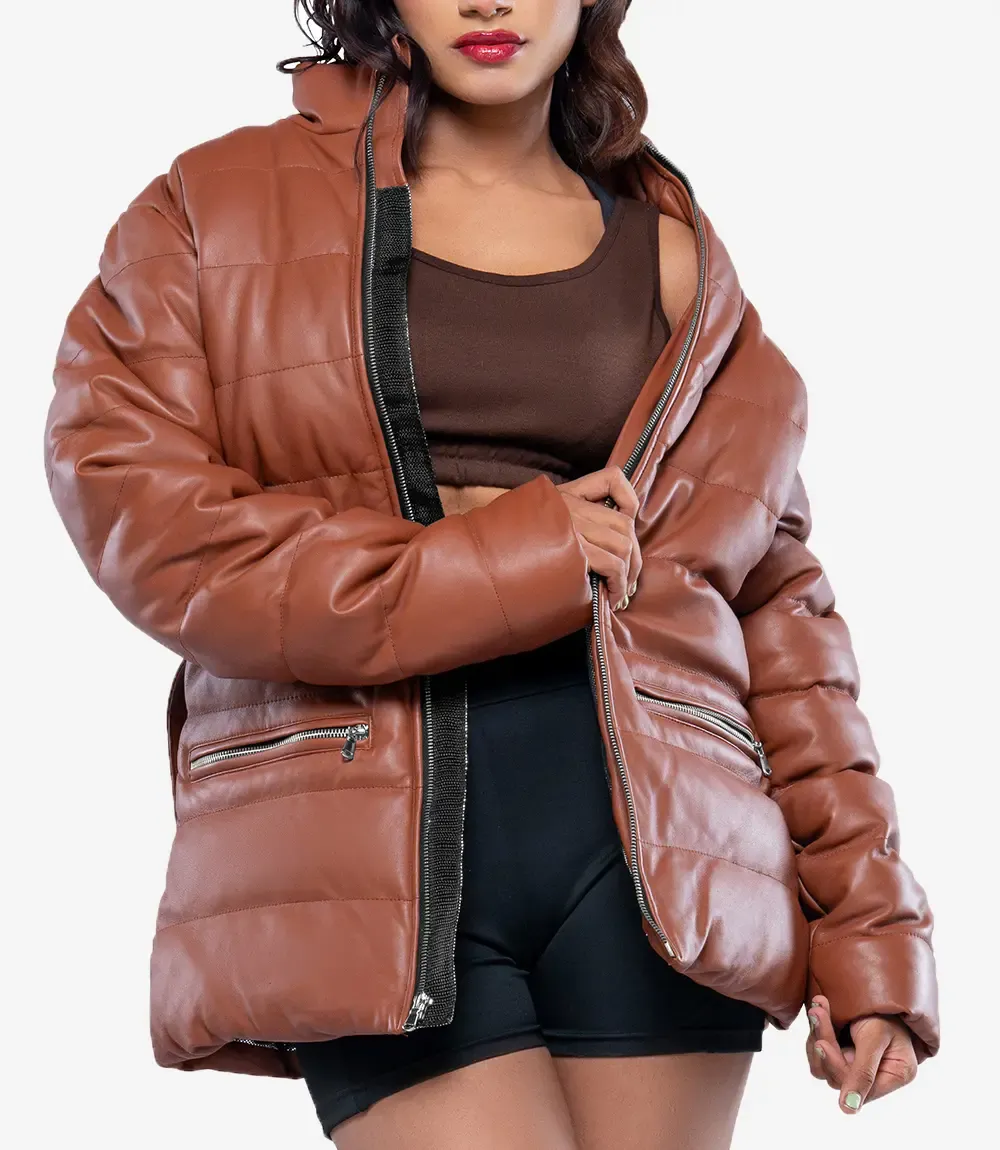 Robin Womens Vegan Leather Duck Down Cognac Puffer Jacket Robin Womens Vegan Leather Duck Down Cognac Puffer Jacket
