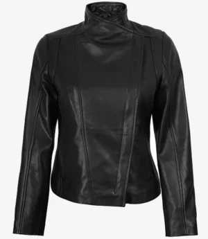 Women's Black Real Leather Jacket with Asymmetrical Zip Closure