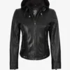 Tonja Womens Real Leather Black Jacket With Hood