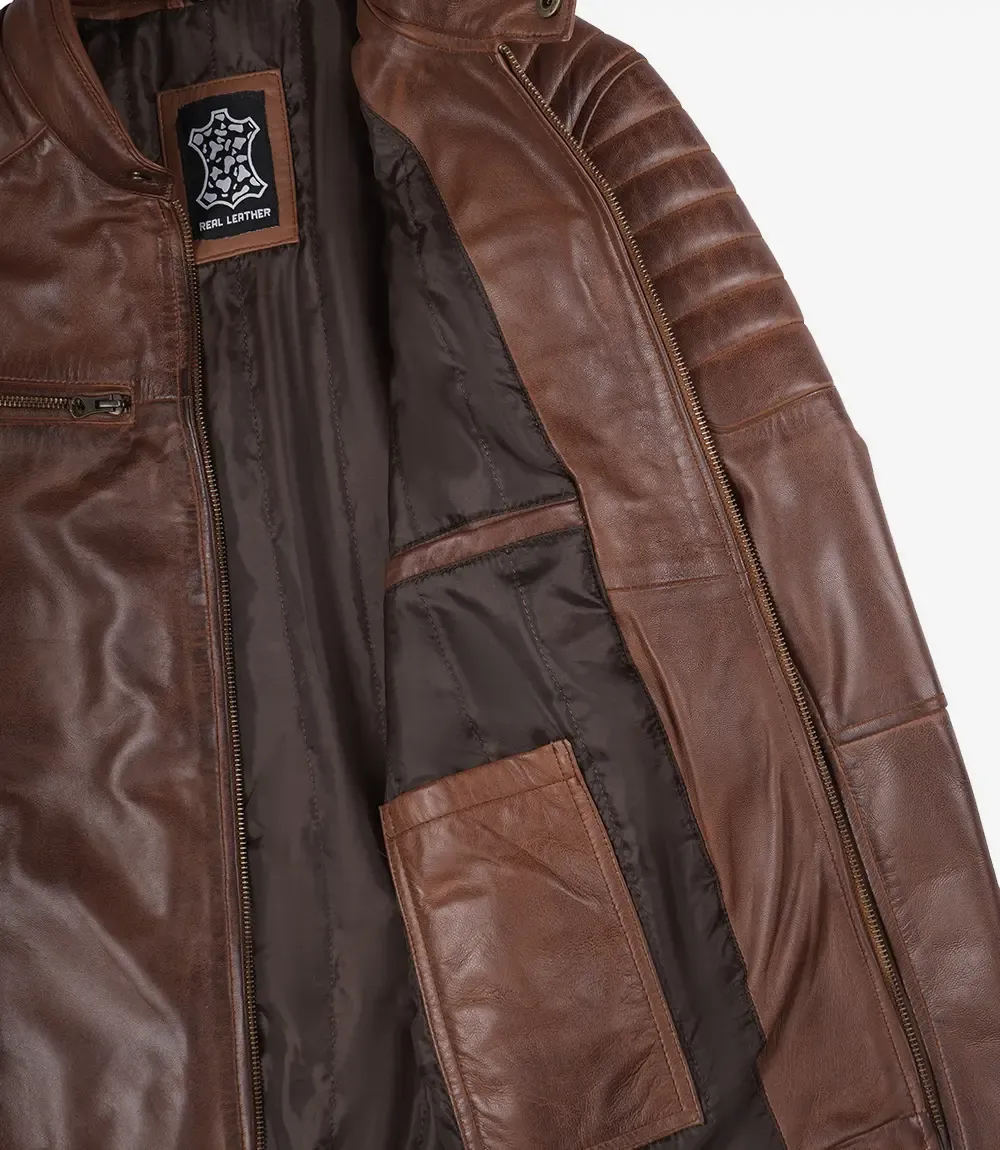 Mens Cognac Waxed Biker Style Leather Jacket Mens Cognac Waxed Biker Style Leather Jacket