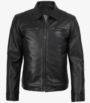 Mens Classic Shirt Collar Black Leather Jacket