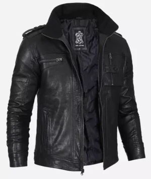 Men's Black Washed Leather Biker Style Jacket
