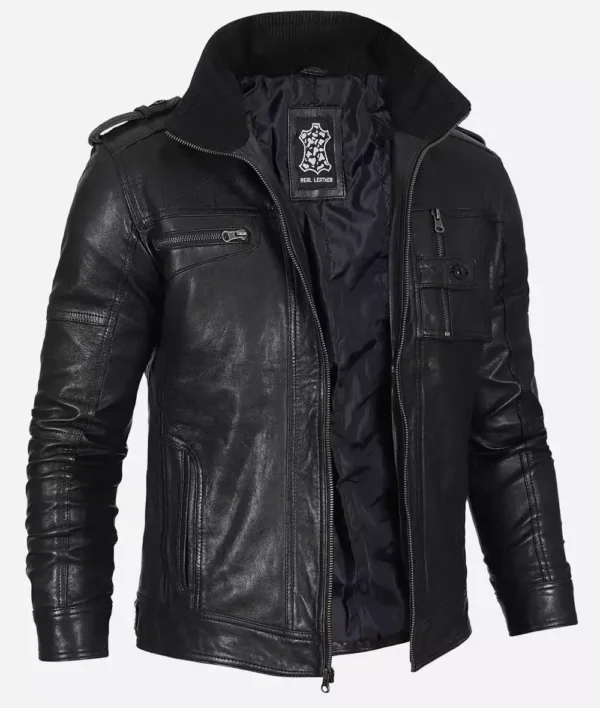 Men's Black Washed Leather Biker Style Jacket