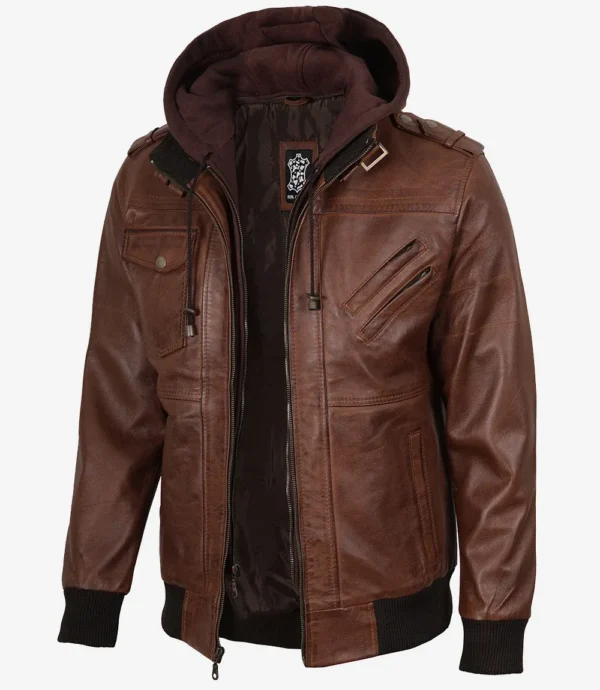 Mens Cognac Leather Bomber Jacket With Removable Hood