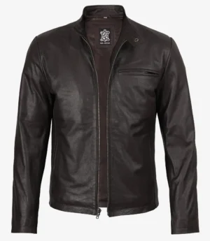 Men's Dark Brown Shearling Leather Moto Jacket - Asymmetrical Shearling Lining