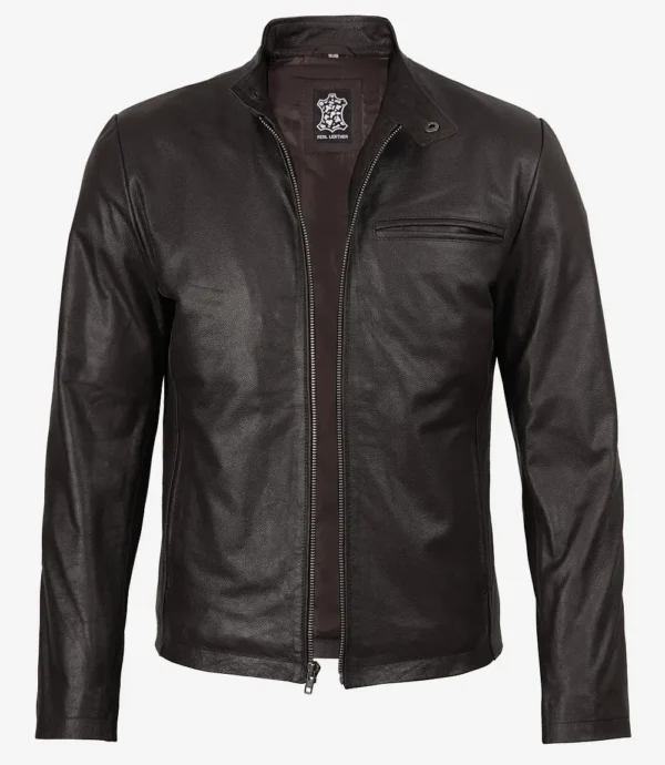 Mens Dark Brown Premium Cowhide Leather Biker Style Jacket