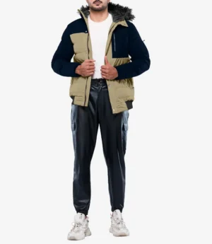 Walter Mens Duck Down Beige and Blue Puffer Jacket with Hood