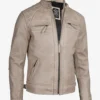 Men's Biker Style Warm Beige Waxed Leather Jacket - Quilted Shoulder