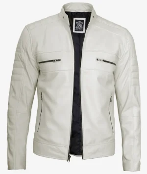Mens Off White Biker Style Leather Jacket