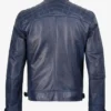 Mens Blue Waxed Quilted Shoulder Biker Style Leather Jacket