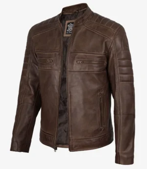 Men’s Coffee Brown Distressed Leather Jacket - Biker Style