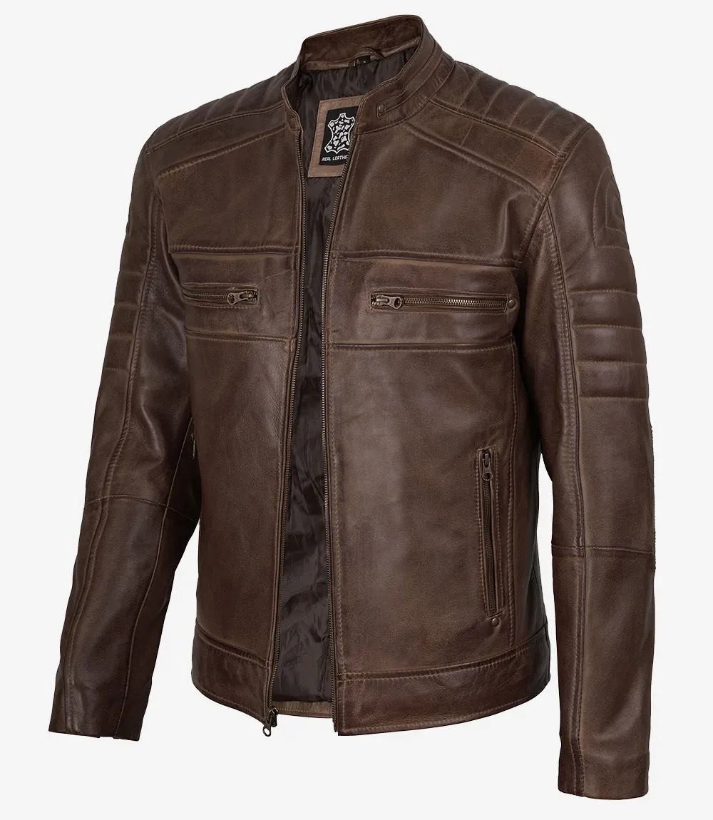 Men’s Coffee Brown Distressed Leather Jacket - Biker Style Men’s Coffee Brown Distressed Leather Jacket - Biker Style