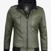 Men's Olive Green Bomber Leather Jacket With Removable Hood