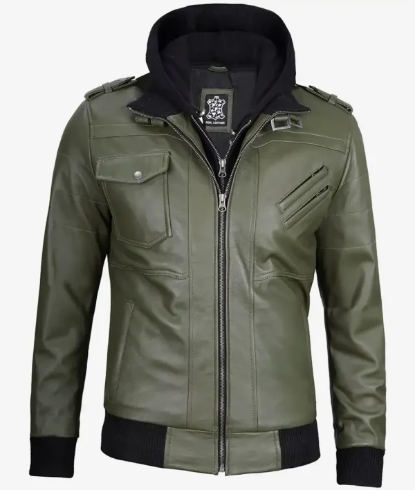Men's Olive Green Bomber Leather Jacket With Removable Hood
