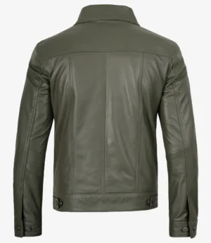 Men's Four Pockets Olive Green Trucker Leather Jacket
