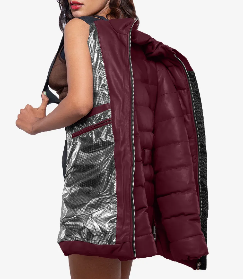 Robin Womens Vegan Leather Duck Down Maroon Puffer Jacket Robin Womens Vegan Leather Duck Down Maroon Puffer Jacket