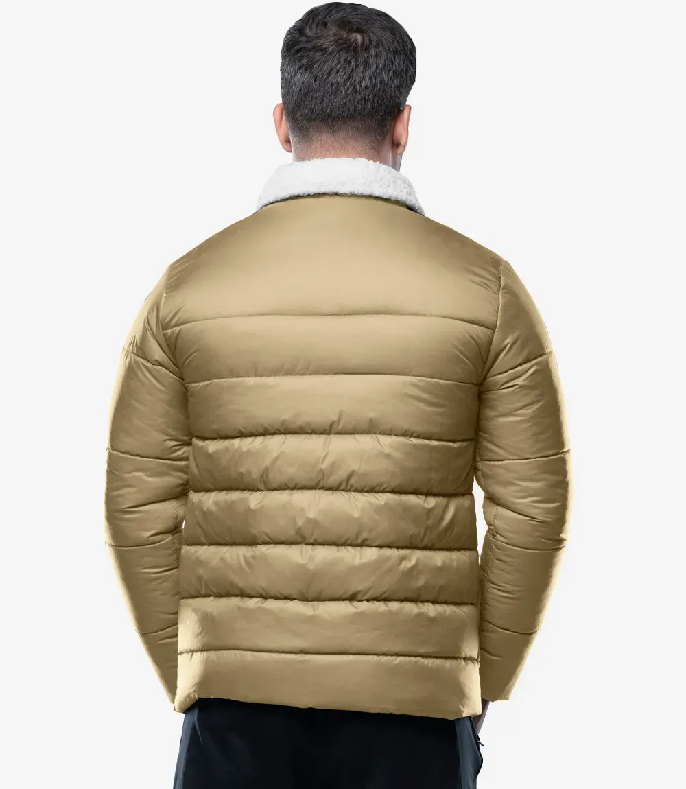 Bryce Men’s Beige Trucker-Style Puffer Jacket – Fur Collar Bryce Men’s Beige Trucker-Style Puffer Jacket – Fur Collar
