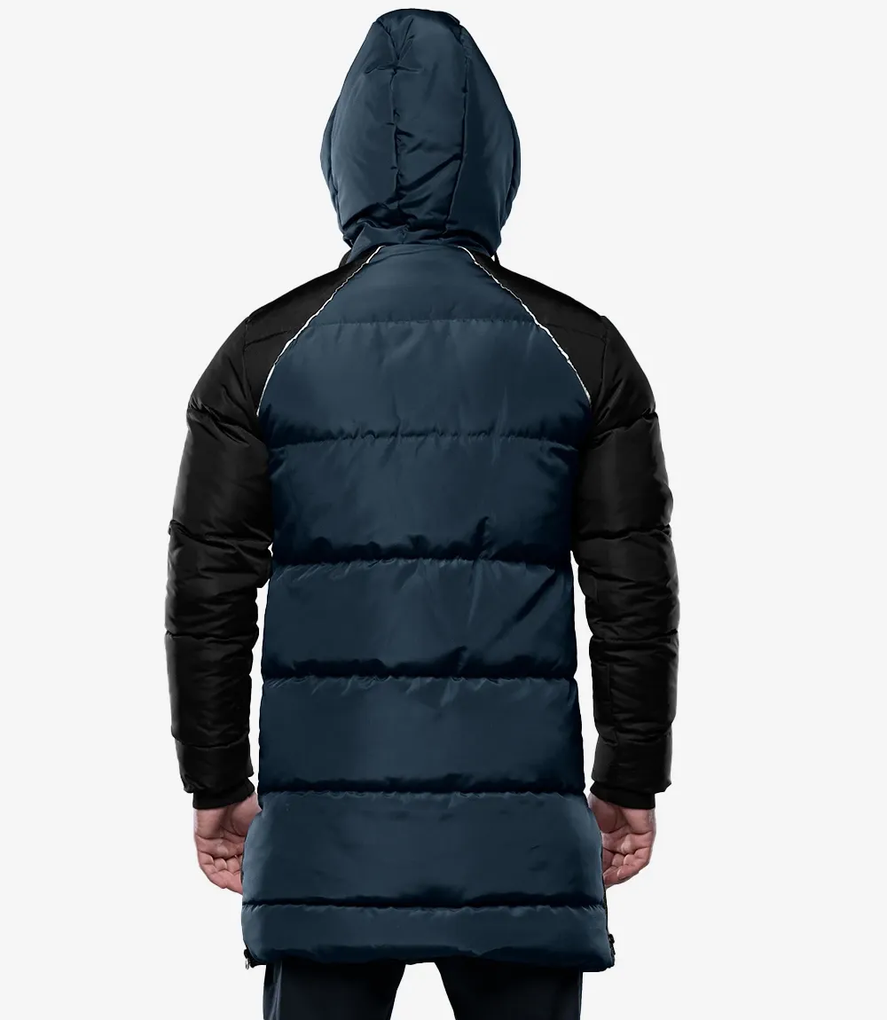 Lonnie Navy Blue & Grey Mens Long Winter Puffer Jacket - Hooded Down Coat Lonnie Navy Blue & Grey Mens Long Winter Puffer Jacket - Hooded Down Coat