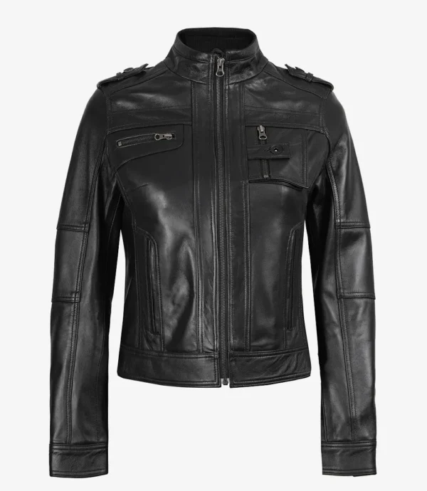 Womens Black Leather Moto Jacket - Classic Biker Style