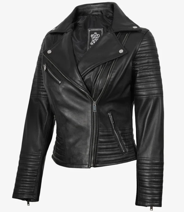 Womens Real leather Black Asymmetrical Biker Style Jacket