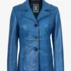 Womens Blue Waxed Leather Coat - Three Button