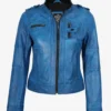 Women's Blue Waxed Lambskin Leather Biker Style Jacket