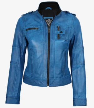 Women's Blue Waxed Lambskin Leather Biker Style Jacket