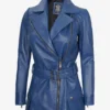 Womens Asymmetrical Blue Belted Biker Style Leather Jacket