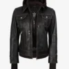 Women's Distressed Brown Bomber Leather Jacket with Removable Hood