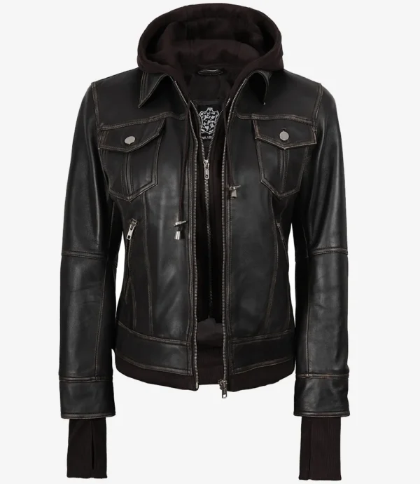 Women's Distressed Brown Bomber Leather Jacket with Removable Hood