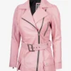 Womens Pink Belted Asymmetrical Long Biker Style Leather Jacket
