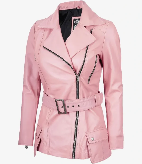 Womens Pink Belted Asymmetrical Long Biker Style Leather Jacket