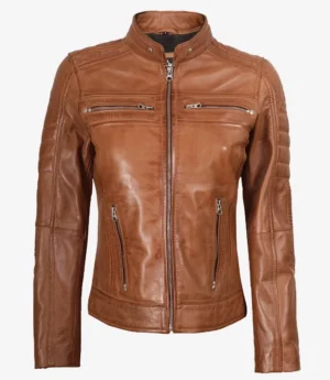 Womens Tan Biker Style Leather Jacket