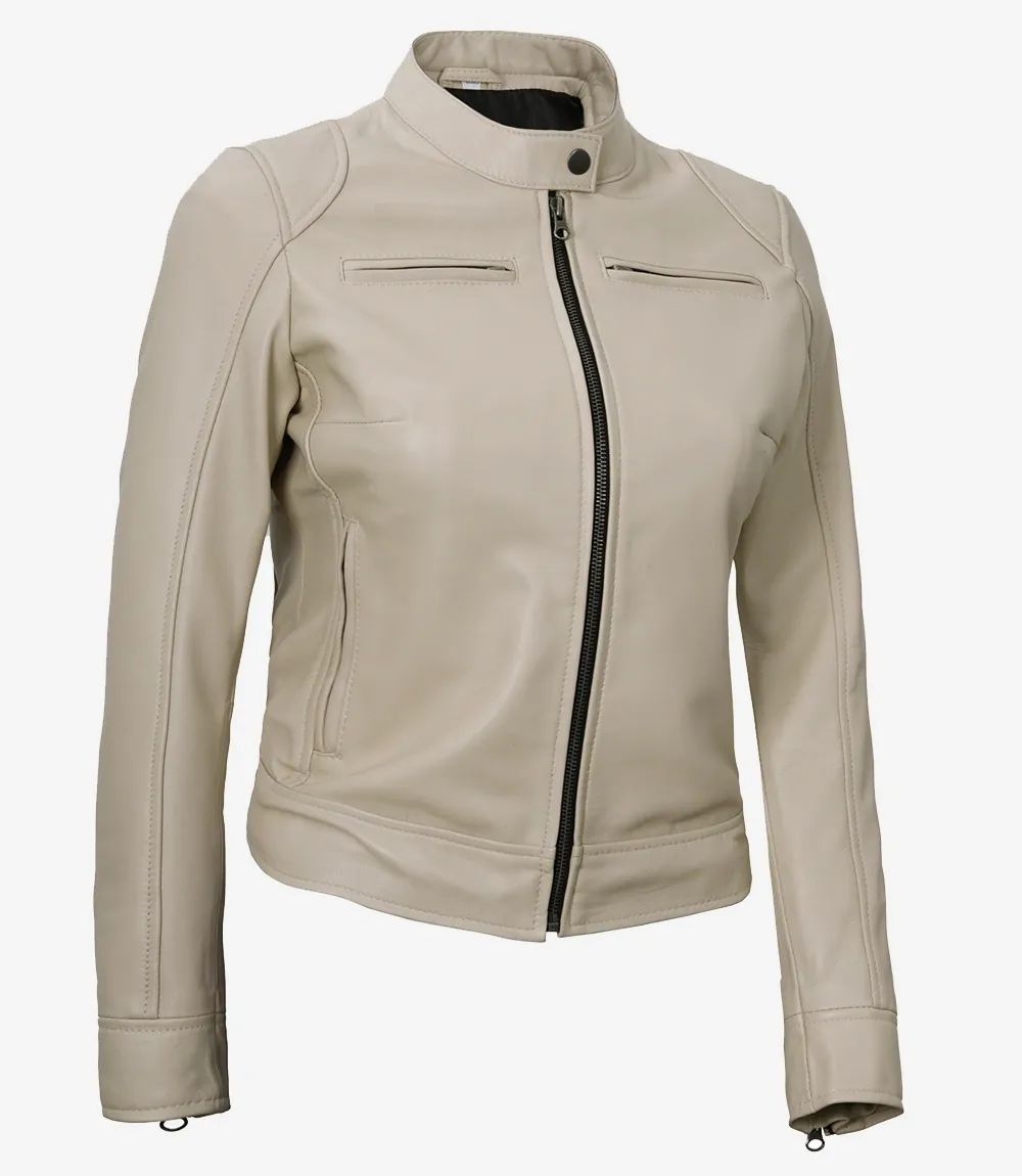 Dodge Beige Biker Style Leather Jacket for Women Dodge Beige Biker Style Leather Jacket for Women