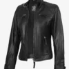 Womens Black Leather Biker Style Jacket - Quilted Shoulder