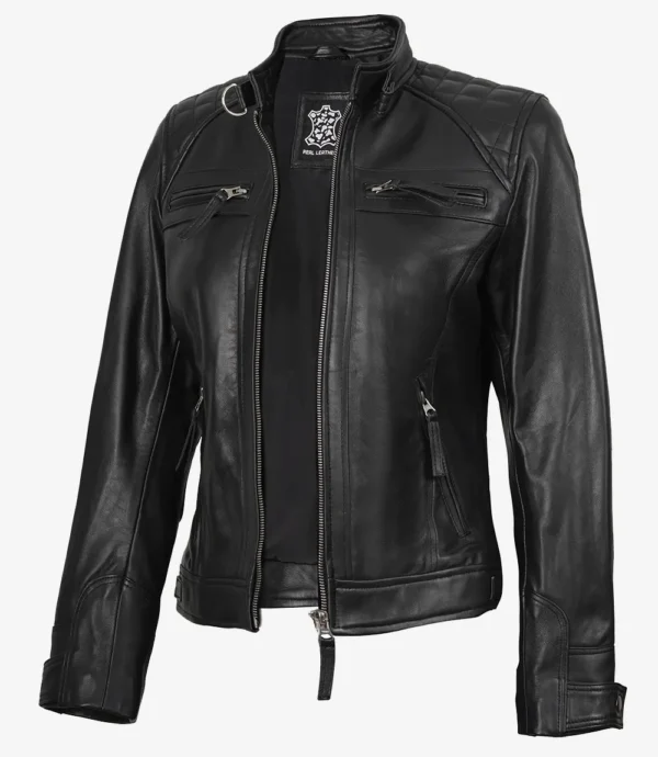 Womens Black Leather Biker Style Jacket - Quilted Shoulder