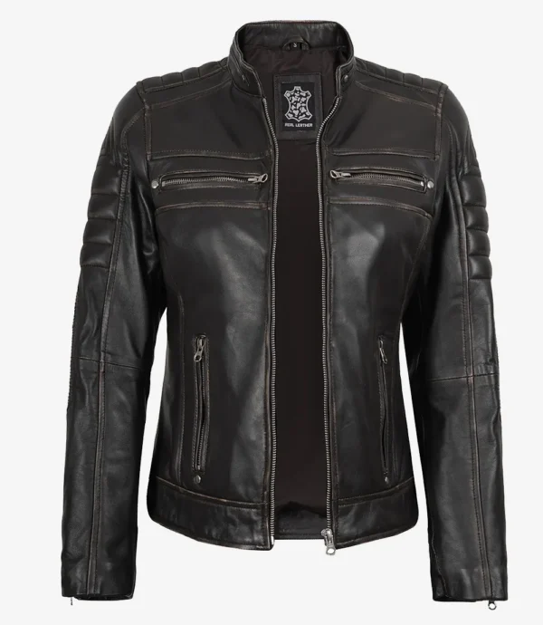 Womens Distressed Brown Biker Style Leather Jacket
