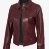 Womens Shirt Collar Burgundy Leather Jacket