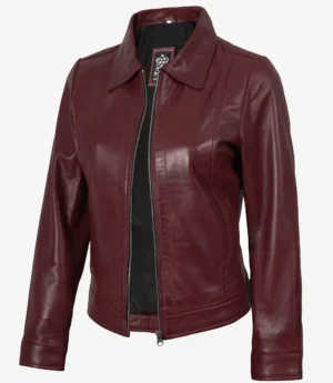 Womens Shirt Collar Burgundy Leather Jacket