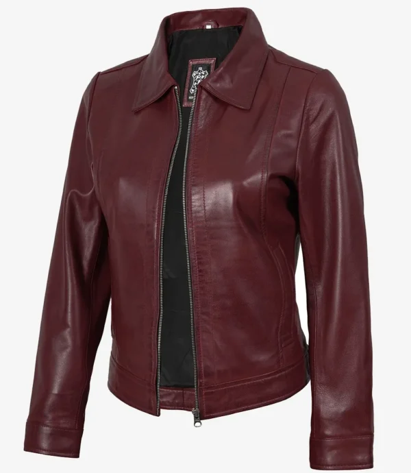 Womens Shirt Collar Burgundy Leather Jacket