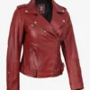 Women's Red Asymmetrical Belted Biker Style Leather Jacket