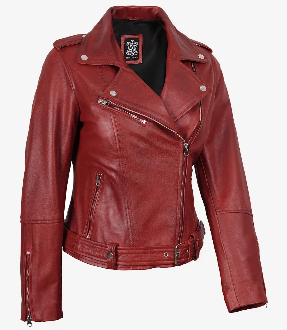 Women's Red Asymmetrical Belted Biker Style Leather Jacket Women's Red Asymmetrical Belted Biker Style Leather Jacket