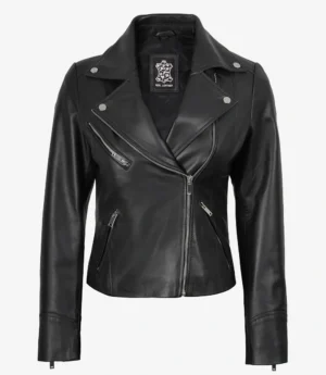 Rita Womens Asymmetrical Black Leather Biker Style Jacket