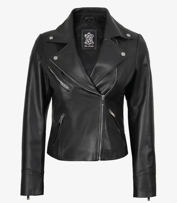 Rita Womens Asymmetrical Black Leather Biker Style Jacket
