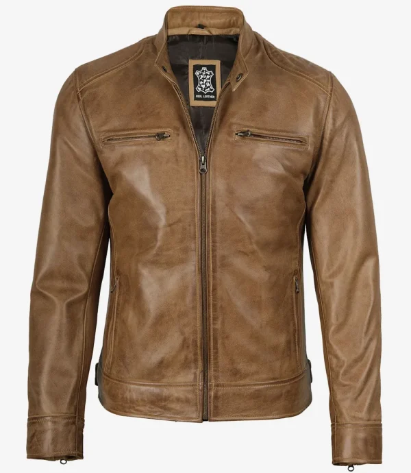 Mens Camel Brown Biker Style Leather Jacket